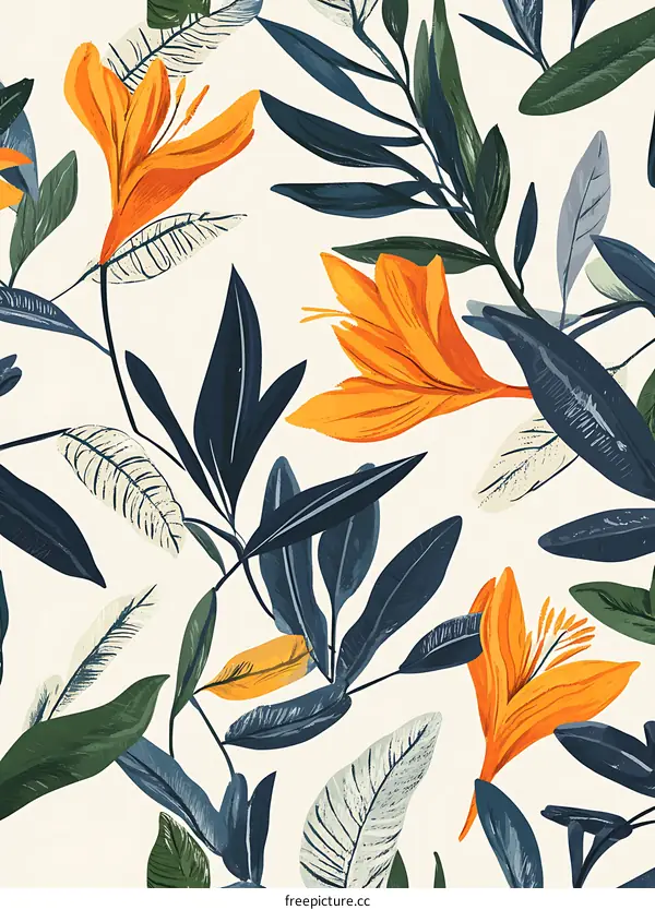 Tropical Leaves and Orange Flowers Seamless Pattern