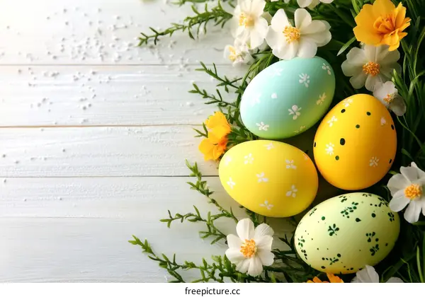 Colorful Easter Eggs Among Flowers on Wooden Background