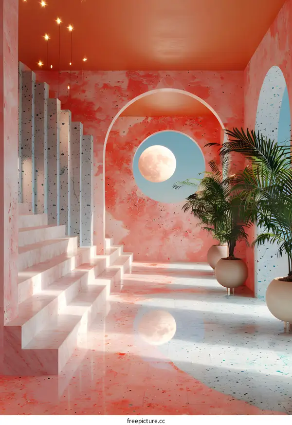 Pink surreal interior space with stairs and arch