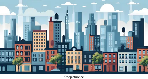 Cityscape Illustration with Tall Buildings and Small Houses