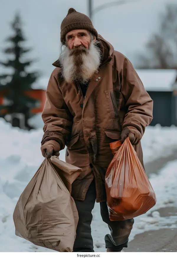 Elderly Man With Long Beard Carrying Grocery Bags in Winter