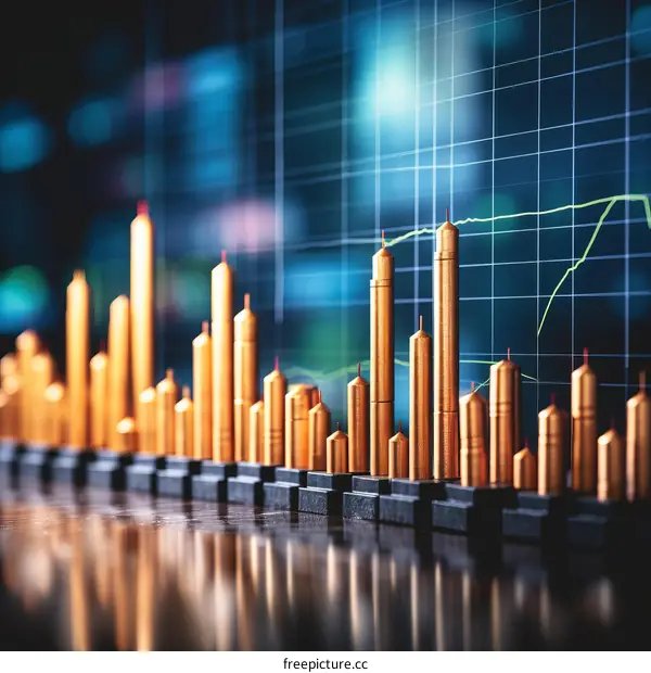 3D rendering of golden bars graph on dark blue background