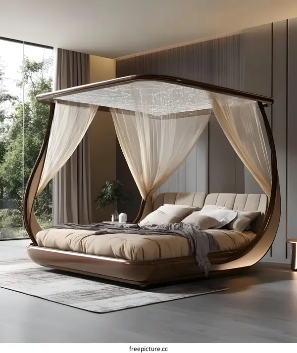 Modern Canopy Bed with Curved Design and Fiber Optic Lights