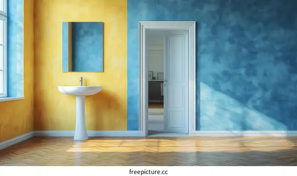 Colorful Interior Design Bathroom with Yellow and Blue Walls