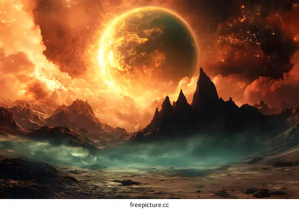 Burning Planet with Mountain Landscape