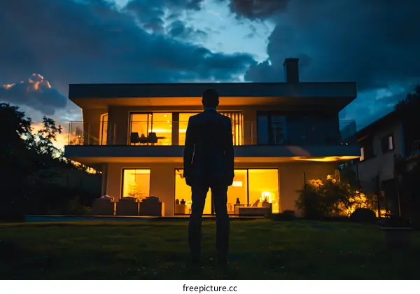 Man in Suit Standing in Front of Modern House at Night