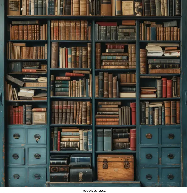 A wooden bookshelf filled with various old books.