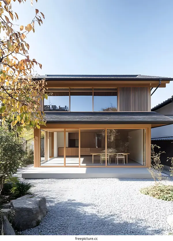 Modern Japanese House with Wooden Exterior and Gravel Garden