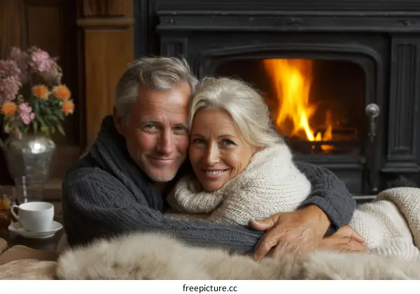 Couple Cozying Up by the Fireplace Winter Warmth