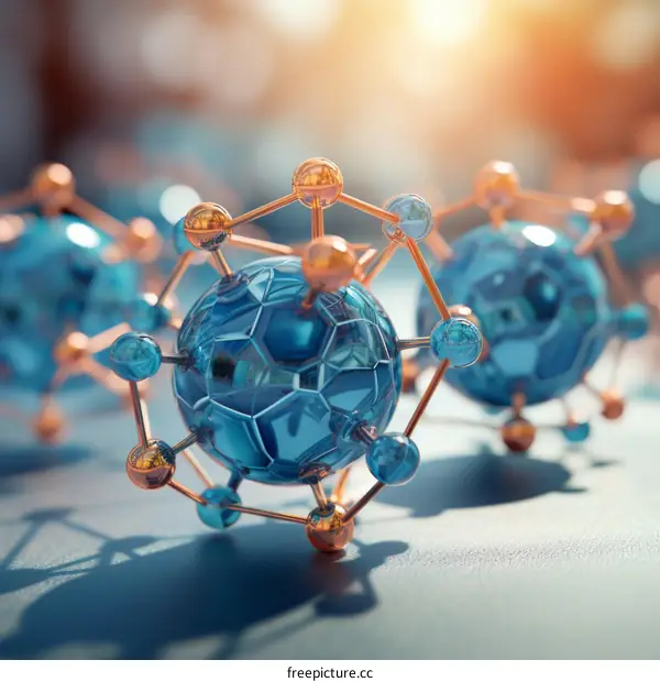 Blue and copper molecular structure with a glowing yellow background