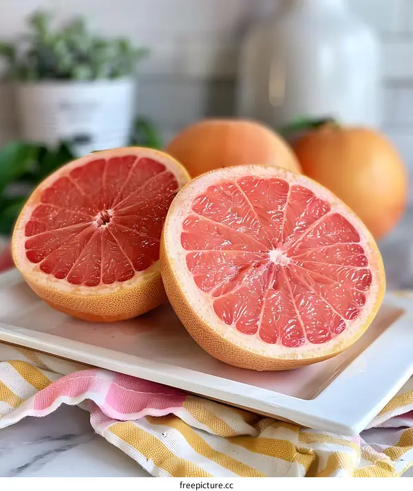 Freshly Cut Pink Grapefruit Slices On White Plate