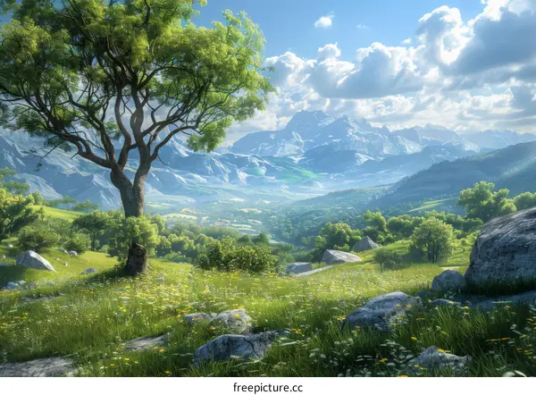 Fantasy landscape with towering mountains and lush forests