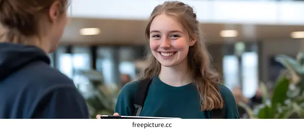 Smiling Woman with a Tablet in a Modern Office Setting