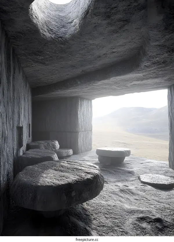 Stone Cave Interior with Mountain View