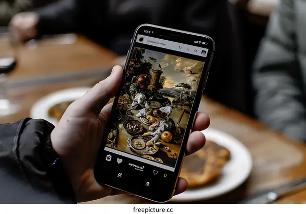 Hand Holding Phone Displaying Painting Of People Gathering Around Plates Of Food