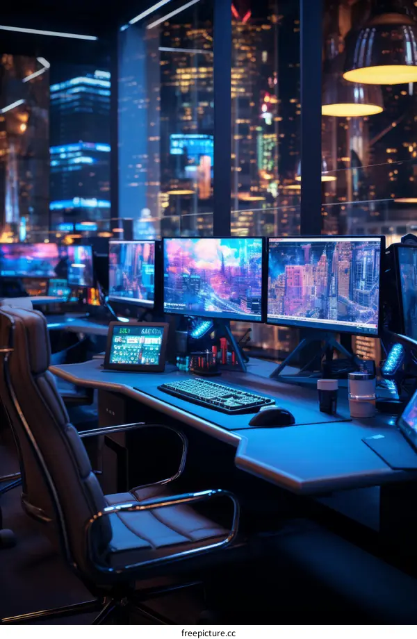 Futuristic Office Interior with Blue Neon Lights and Computers