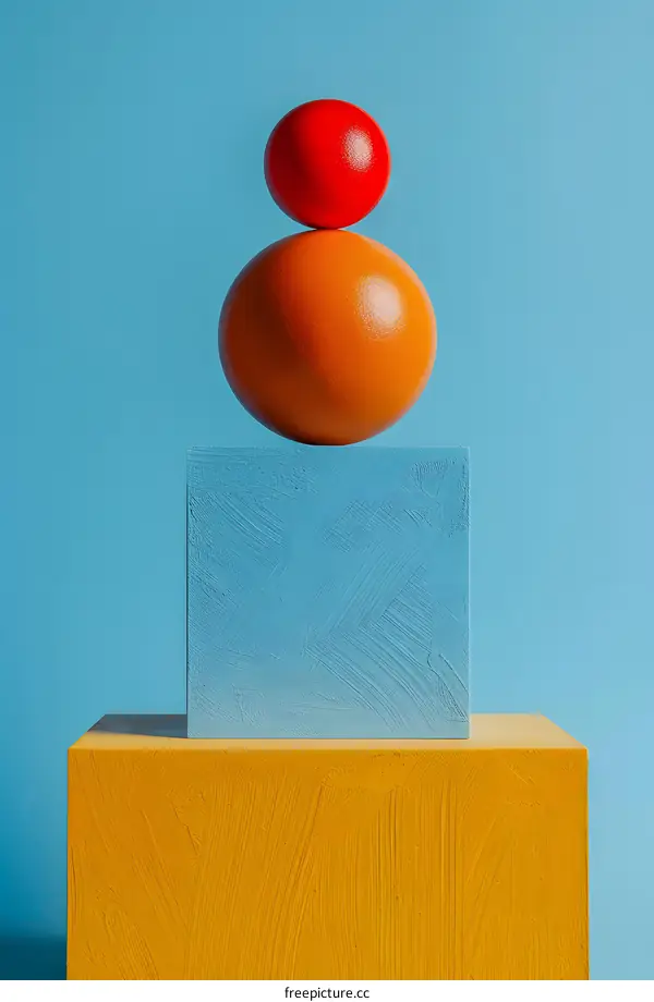 Red orange ball on blue platform yellow platform still life photography