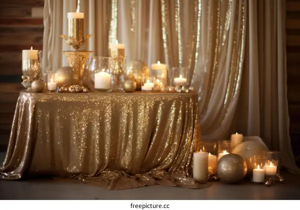 Elegant Wedding Decorations with Gold Accents, Candles, and Ornaments