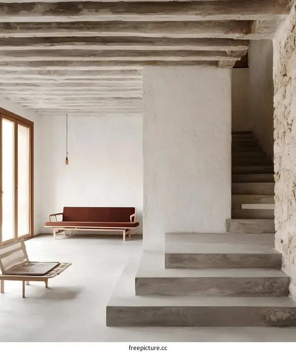 Minimalist Interior Design with Exposed Wooden Beams and Concrete Stairs