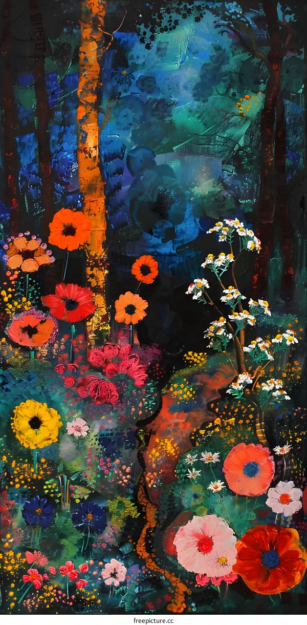 Abstract Oil Painting Colorful Flowers and Trees