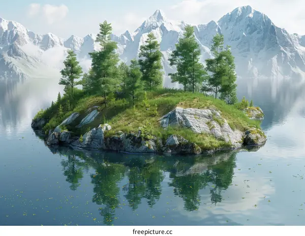 Serene Island in Alpine Lake Surrounded by Verdant Trees