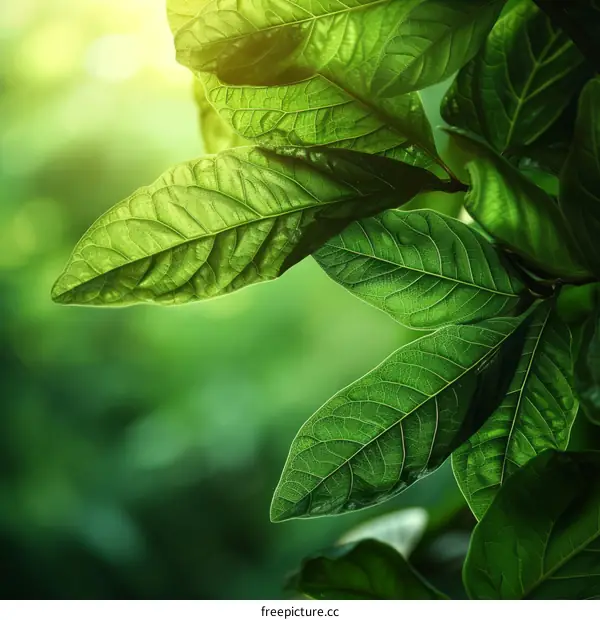 Close-up of green leaves with sunlight shining through