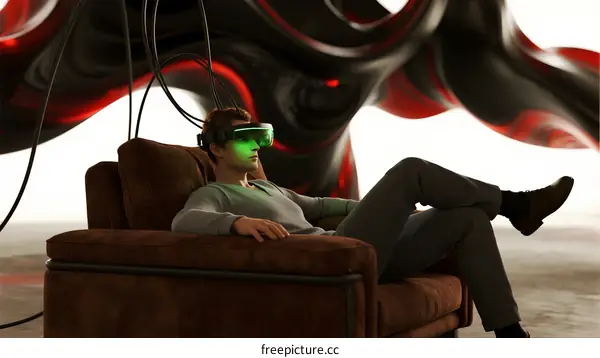 Man wearing VR headset relaxing on brown sofa with abstract background