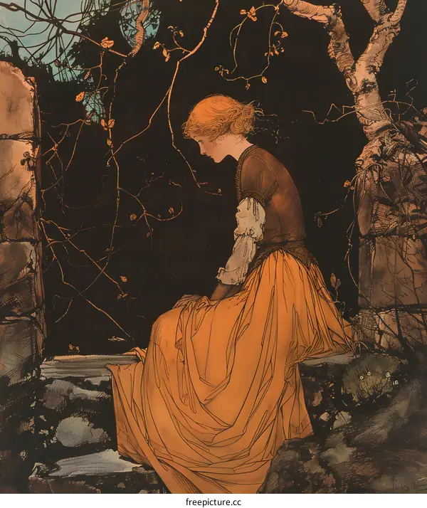 A Young Woman Sitting by a Wall in a Forest
