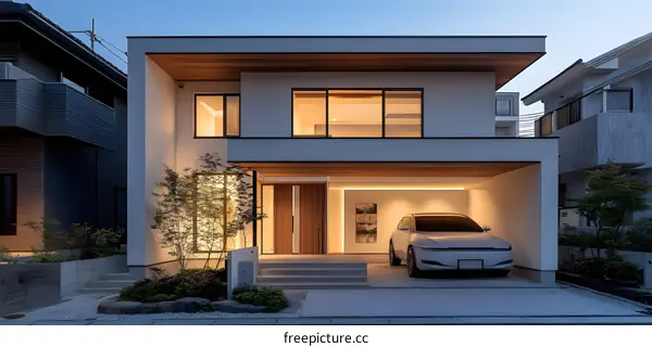 Modern White House with Wooden Accents and a Garage Door