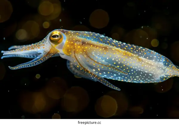 A beautiful reef squid hovers in the dark ocean water