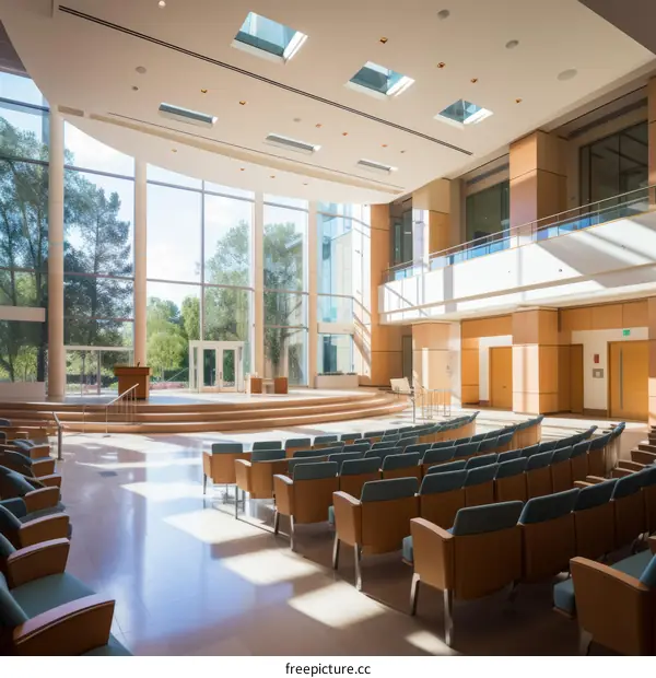 Auditorium with curved wooden pews and large windows
