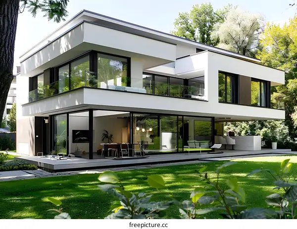 Modern White House with Large Windows and Green Lawn