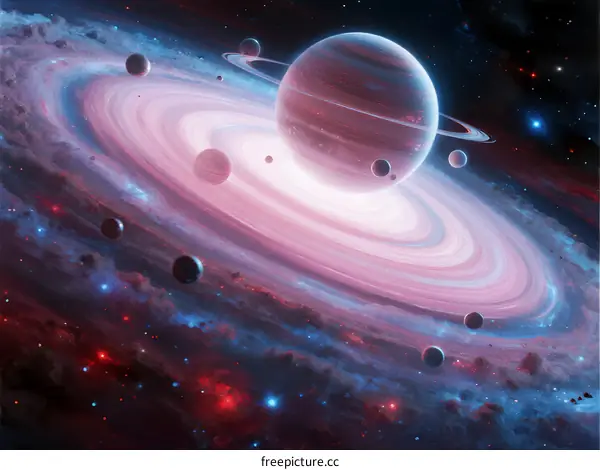 Vibrant Planetary System with Rings and Orbiting Celestial Bodies