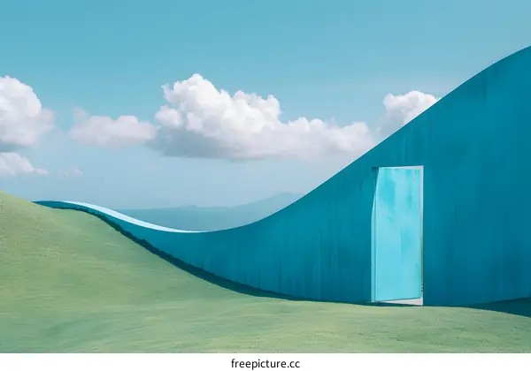 Curved Blue Wall With Open Door Leading To A Green Field