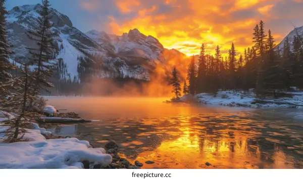 The setting sun casts a golden glow on a frozen lake in the mountains.