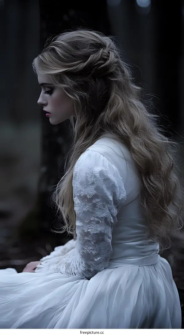 Young Woman in a White Dress Sitting in the Woods