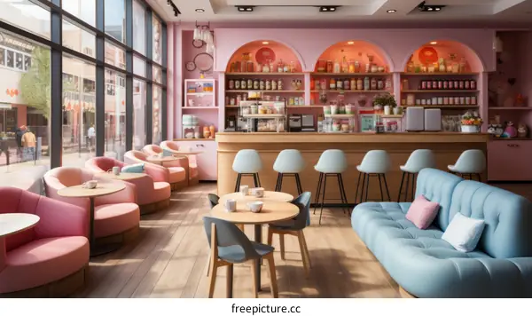 Pink and blue pastel color scheme cafe interior design