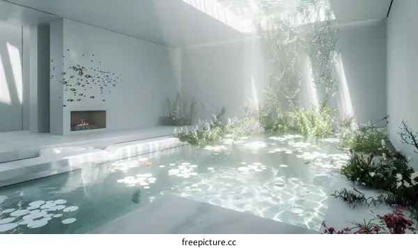 Indoor garden with pool and flowers