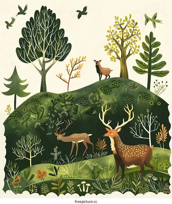Forest Illustration with Deers, Birds, and Trees