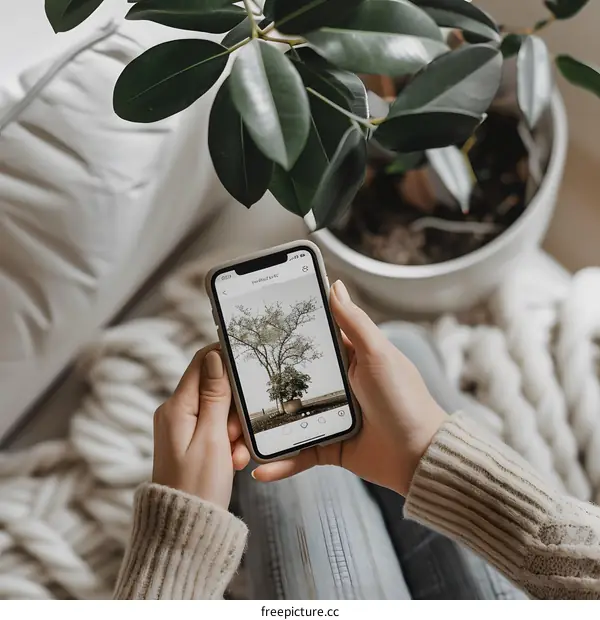 Woman Holding Phone with a Photo of a Tree