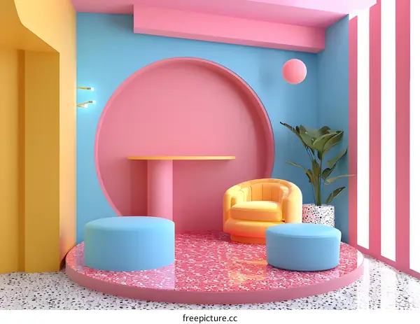 A 3D rendering of a colorful room with a pink chair and blue ottomans