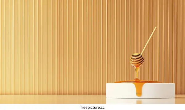 Honey Dipper on a White Pedestal Against a Light Wood Background