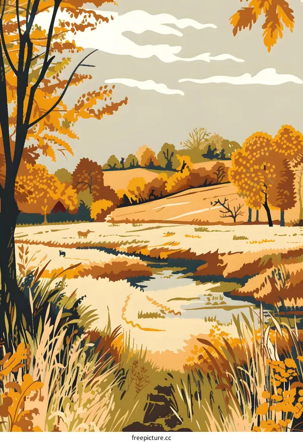 Autumn Landscape Painting with Stream and Tall Trees