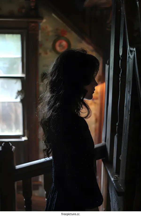 Portrait of a mysterious woman standing in a dark room