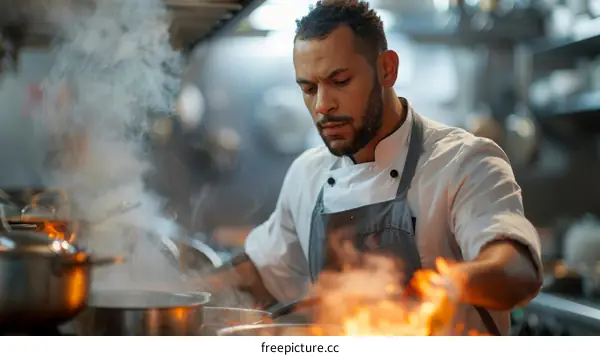 Focused male chef cooking with fire in kitchen