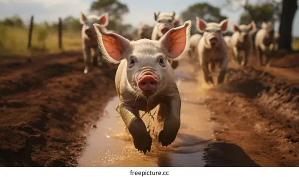 A cute piglet is running in the mud