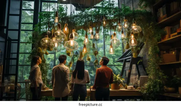 Four people in a greenhouse looking at the plants