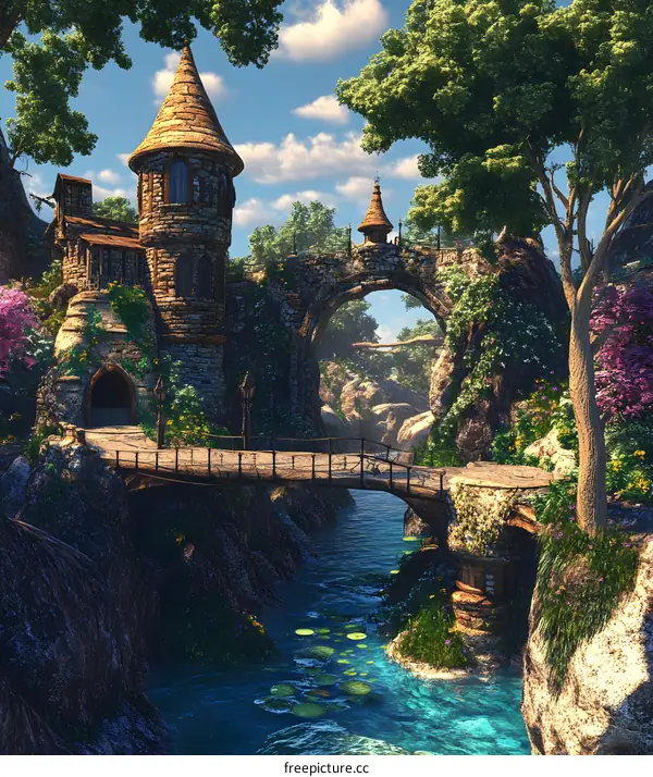 Fantasy Stone Bridge And Castle In The Forest