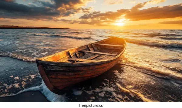 Wooden Boat on the Beach at Sunset