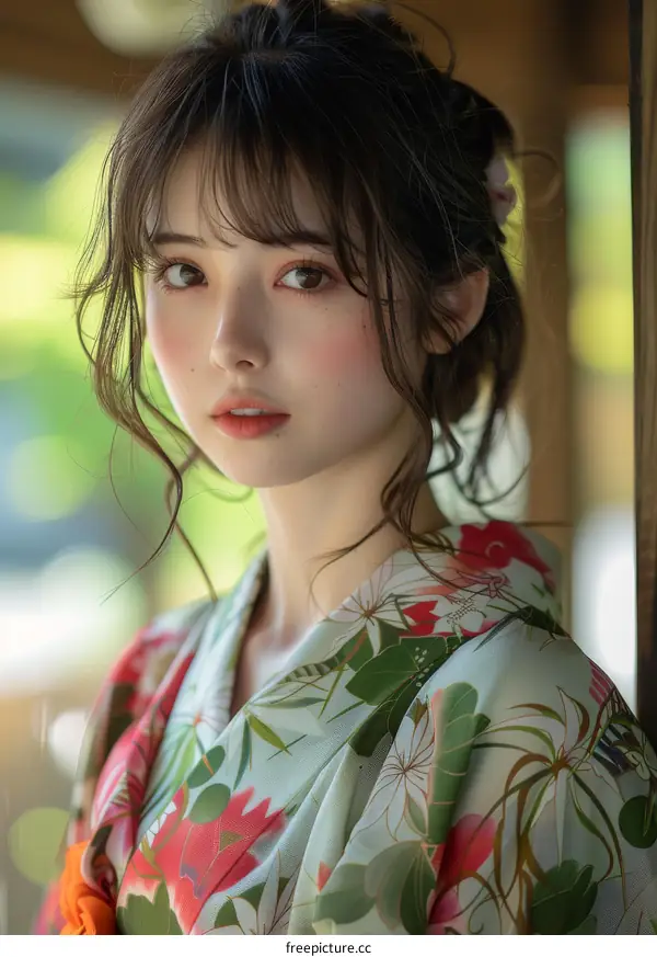 Asian Woman in Traditional Japanese Kimono Portrait